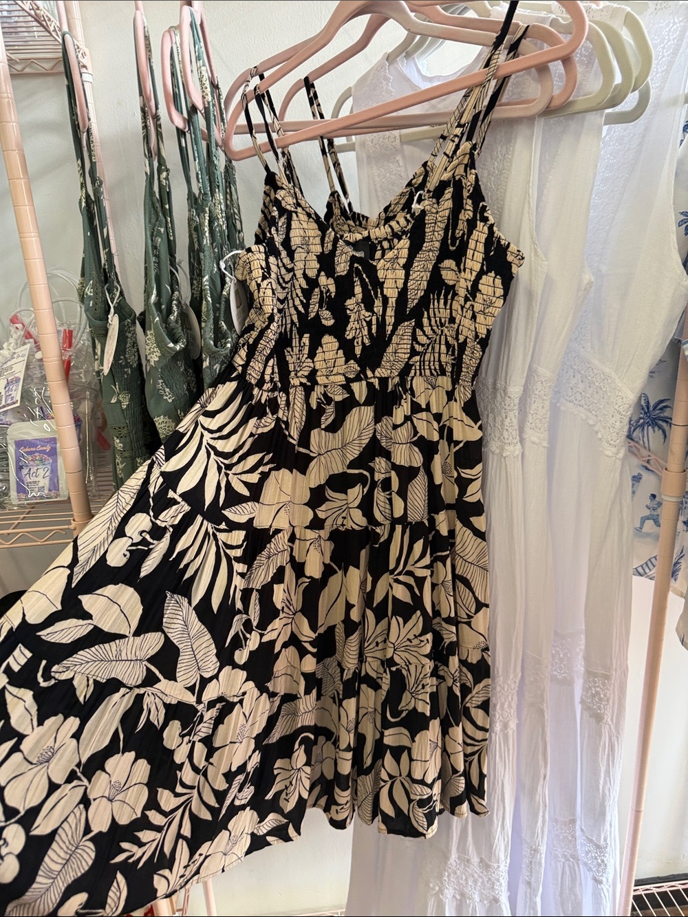 Angie Black and Cream Floral Smocked Mini Sundress